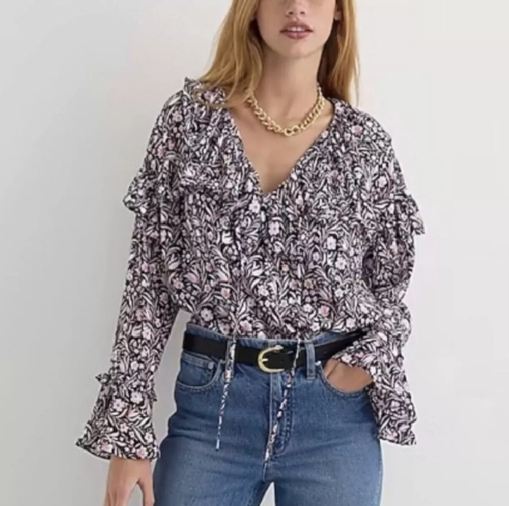 J. Crew Long Sleeve Blue Floral ChiffonTop Blouse Size Small BL047 NWT